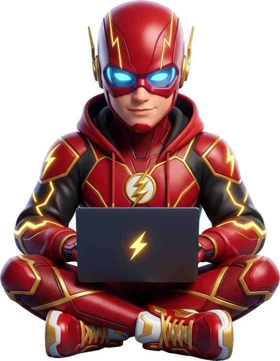 Flash, the WP-Flash mascot, working on a laptop